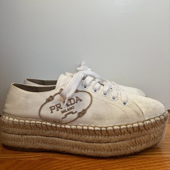 Prada White Logo Canvas Lace-up Platform Espadrille Sneakers Flats - Picture 1 of 10